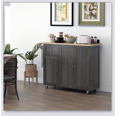 Triple-Cabinet Rolling Kitchen Island with Adjustable Shelves, Wood Top, and Towel Rack for Enhanced Storage and Mobility