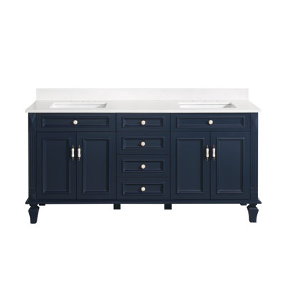 Meuble-lavabo autoportant en bois massif l 72 po x H 35 po avec comptoir en quartz blanc Carrera résistant aux taches et lavabo double, bleu marine