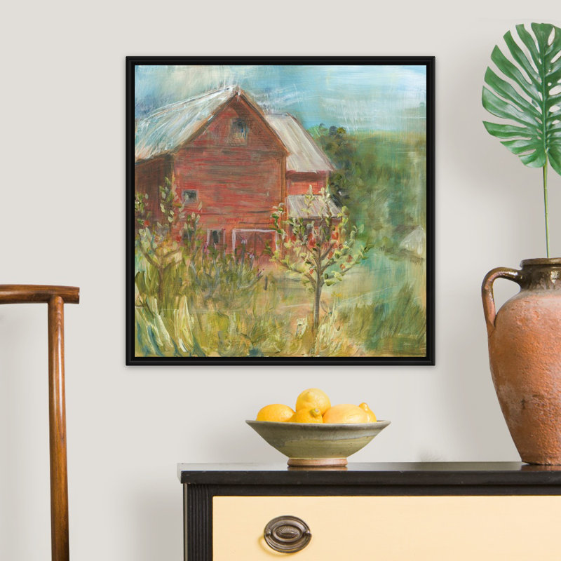 «Barn Orchard» par Sue Schlabach, reproduction sur toile, H 26 po x l 26 po x P 1,75 po, Cadre flottant noir