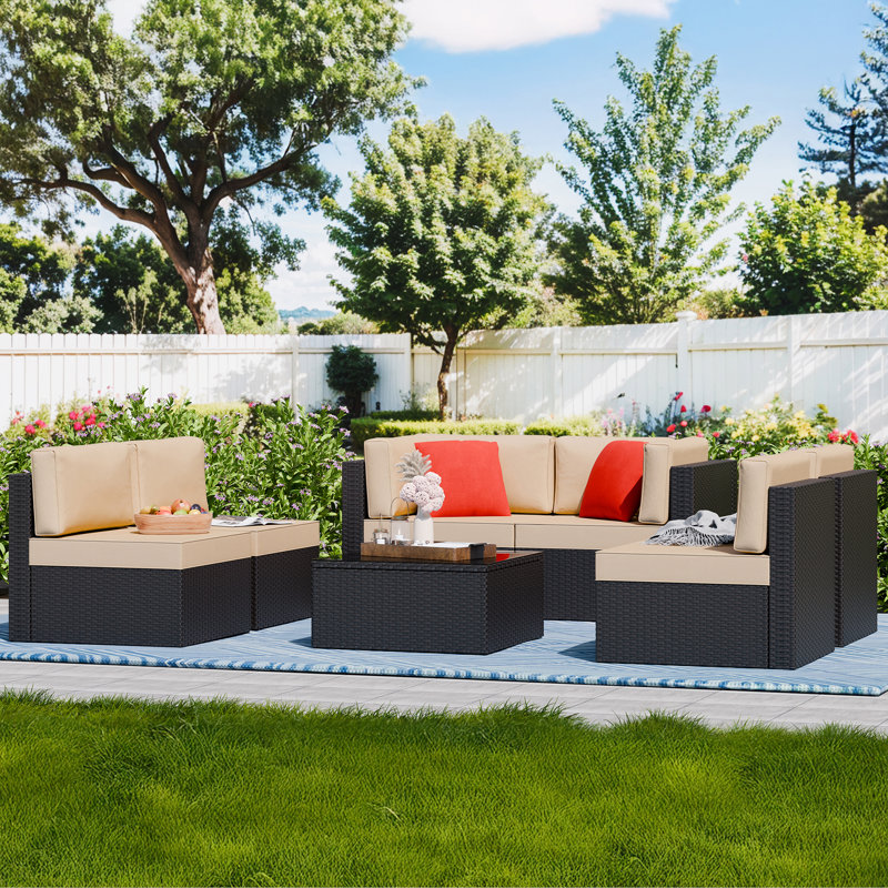 Ensemble de conversation modulaire en osier / rotin 7 pièces avec coussins Arleht, Beige