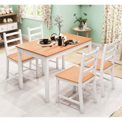 Rustic Wood Dining Table, Four High - Back Chairs, Compact Family Dining, 29.73 In Height Modern Kitchen Slatted Supports Table Weight, 24.87 Width