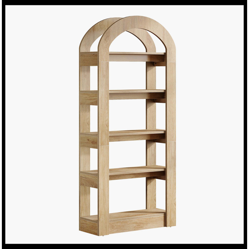 Bibliothèque à 5 niveaux, bibliothèque en bois avec arche, Teck