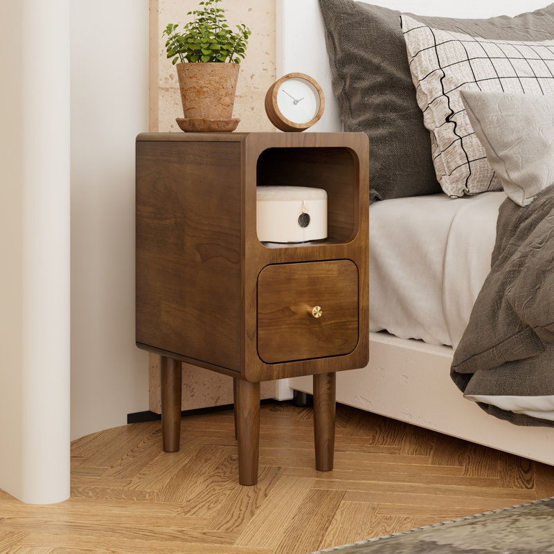  Solid Wood Nightstand - Narrow, With Drawers & Open Storage, Mid Century Modern Style For Bedroom, Walnut