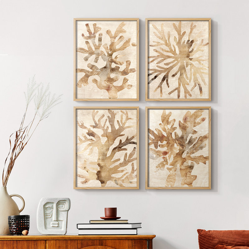 Parchemin corail I, ensemble de 4 reproductions encadrées, H 28 po x l 22 po, Naturel