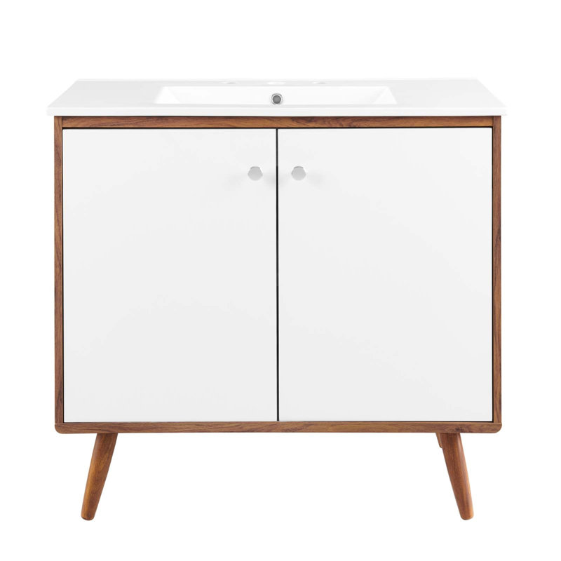 Mid-Century Walnut and White 36" Wall-Mount Bathroom Vanity