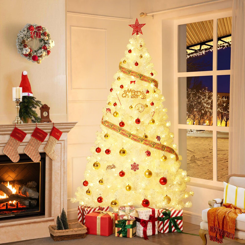 Arbre de Noël blanc 7,5 pi avec lumières DEL bicolores préinstallées, base en métal, assemblage facile pour la décoration intérieure