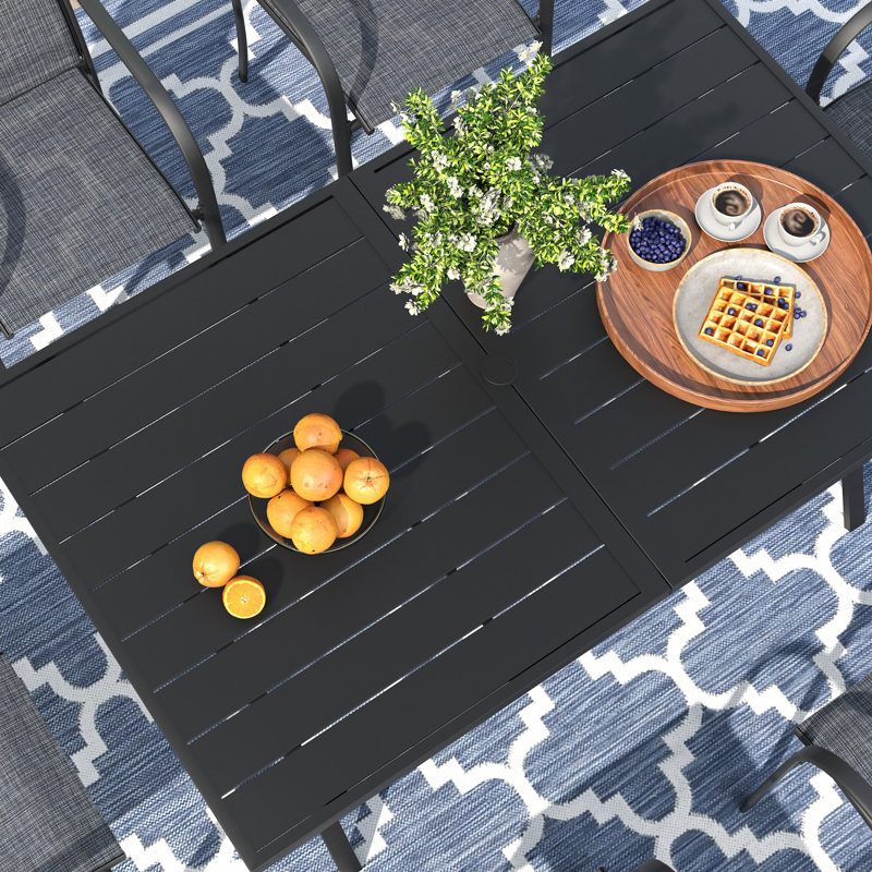 63" Patio Dining Set with Extra Large Rectangular Dining Table and 6 Stackable Armrest Chairs, Brown/Black