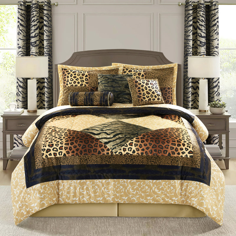 Ensemble d'édredon à imprimé léopard Tucson, Édredon pour très grand lit + 9 pièces supplém, Beige / brun / noir