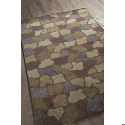 Tapis mosaïque rustique moderne en laine touffeté à la main brun, vert, mauve, doré, brun clair et bleu Bartz