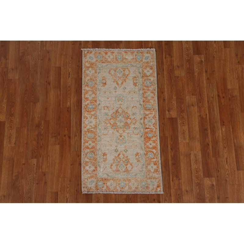 Tapis beige en laine noué à la main de conception unique 1 pi 11 po x 3 pi 9 po New Age