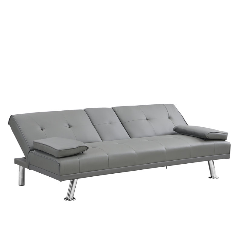 Sofa Bed With Armrest Two Holders  WOOD FRAME, STAINLESS LEG, FUTON GREY PVC, Gray