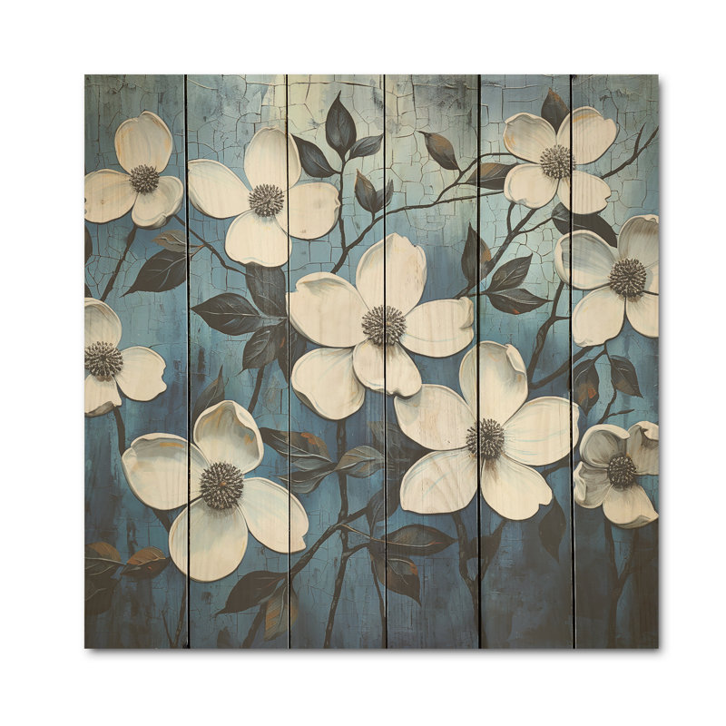 Blanc et noir cornouiller Bloompetal Whispers - art mural en bois de cornouiller sur bois de pin naturel, H 15 po x l 15 po