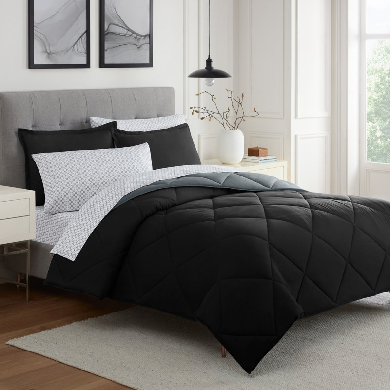Full Black and Gray Microfiber Reversible Bedding Set