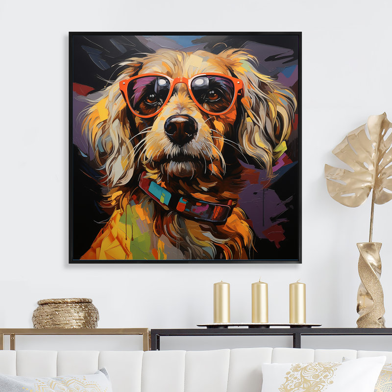 Pop Art, lunettes de soleil chien - animaux, décoration murale_105829, H 30 po x l 30 po x P 1 po, Cadre flottant noir