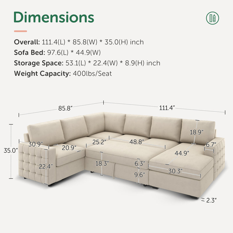 Hildur U-Shaped Sectional Sofa Bed Pull Out Sleeper Couch With Storage Chaise, Beige Velvet