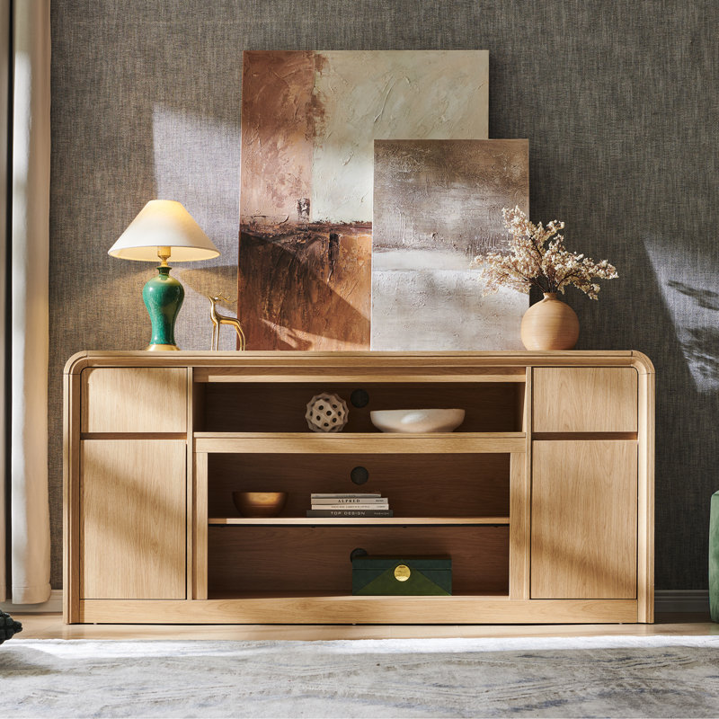 Modern TV Stand with Storage Cabinet & Drawers for TVs Up to 80", 32" Tall w/Soundbar & Adjustable Shelves, Curved Profile Design