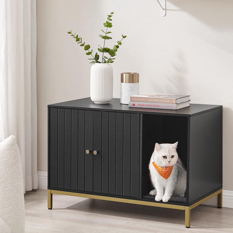 Black and Gold Modern Cat Litter Box Enclosure with Scratching Mat