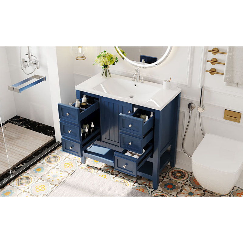 Ensemble de meuble-lavabo avec lavabo, une armoire et trois tiroirs, Bleu