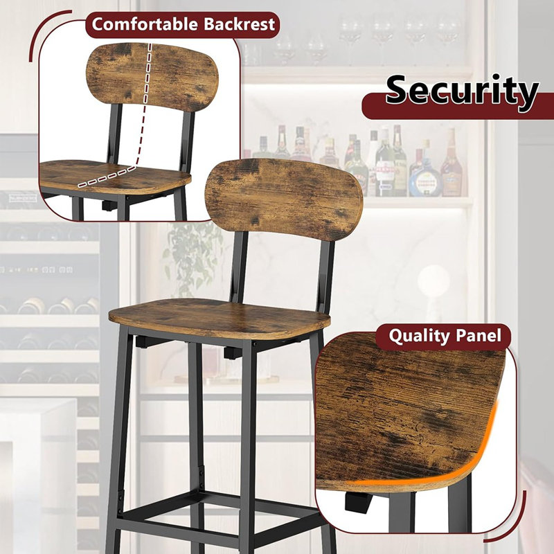 Set Of 2 Modern Industrial Counter Height Bar Stools With Backrest And Footrest, Rustic Brown