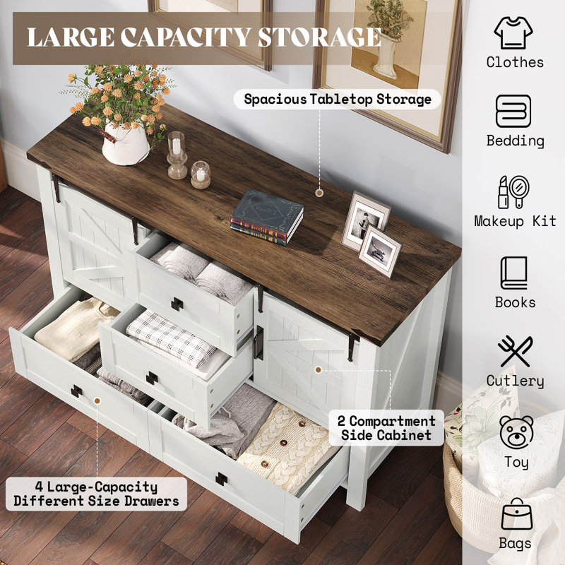 Chiara 47" Farmhouse Dresser with 2 Sliding Barn Doors&4 Drawers,White, White