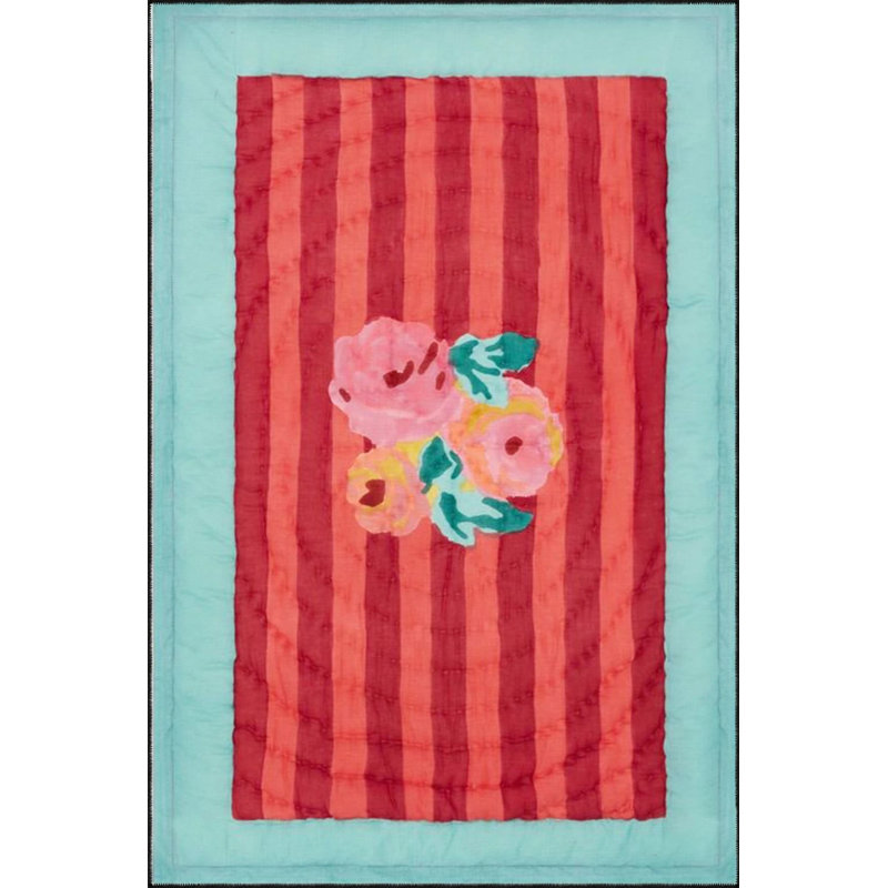 Vertical Striped Red Rose Patterned Multicolored Woven Floor Carpet, Runner 2'6" x 9'11"