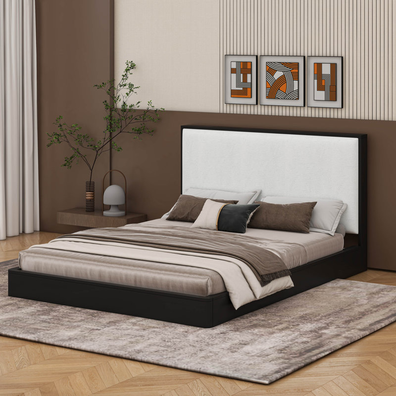 Structure de lit plateforme Mid-Century avec tête de lit tapissier Boucle, lit à profil bas en bois massif, Grand lit, Noir