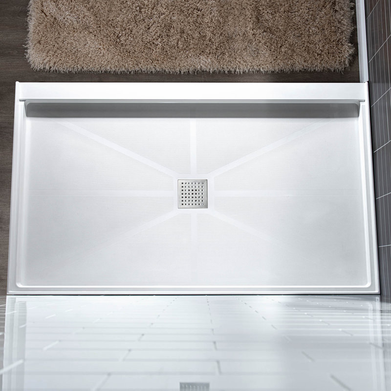 60" W x 30" D  Solid Surface Single Threshold Shower Pan Base with Drain Assembly & Drain Cover Included, Non-Slip, Center