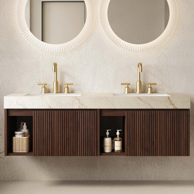 Floating Bathroom Vanity with Carrara White Sintered Stone Top and Ceramic Basin, 3 Pre-Drilled Faucet Holes, Walnut Woodgrain