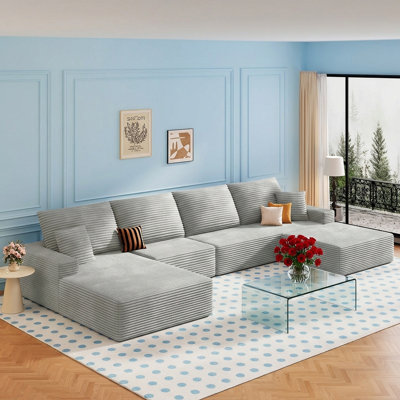 Boneless 4-Piece Boneless Modular Sectional Sofa Cloud Couch Facing Chaise with Ottoman Oversized Deep Seat Soft Corduroy Fabric Sectional Couch for Living Room