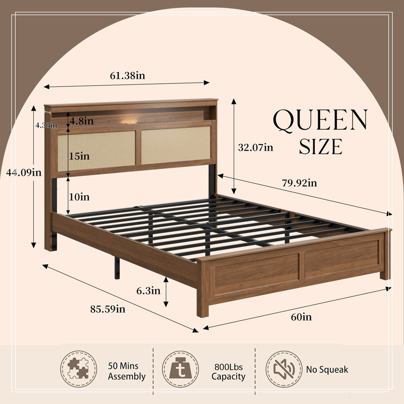 Cadre de lit Queen Size avec tête de lit en rotin et lampe de lecture DEL intégrée, Grand lit
