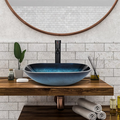 RAYS 14.8'' Ocean Blue Glass Rectangular Bathroom Sink with Faucet