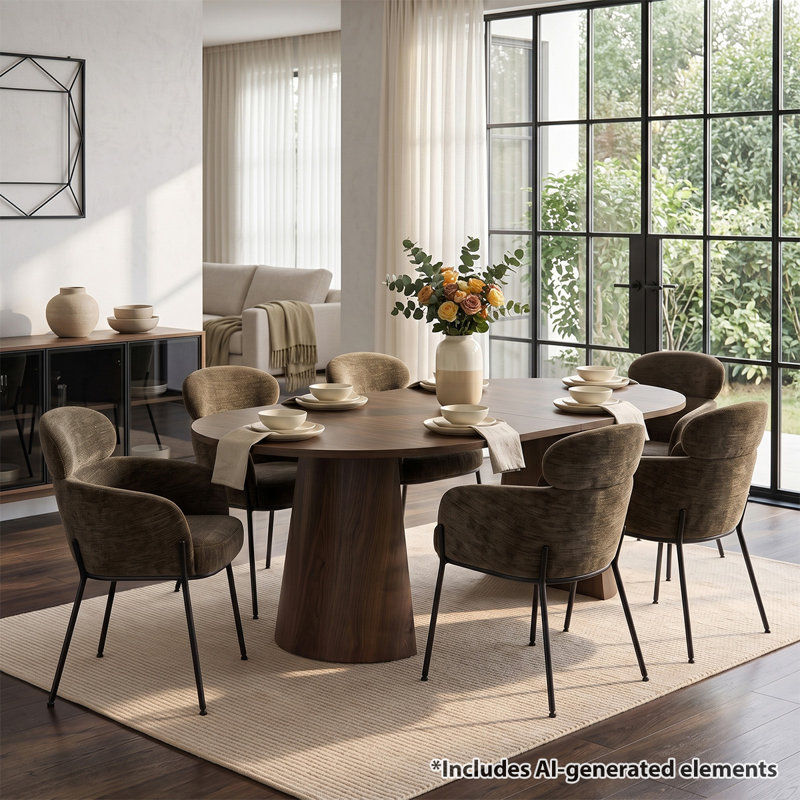 Ensemble de table de salle à manger extensible ronde à ovale avec fauteuils rembourrés, 7 pièces : table, 6 chaises, Brun