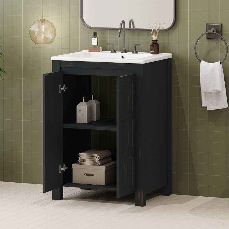 Petit ensemble de meuble-lavabo de style rétro 24 po x 18 po x 34 po avec lavabo en céramique et 2 portes à fermeture en douceur