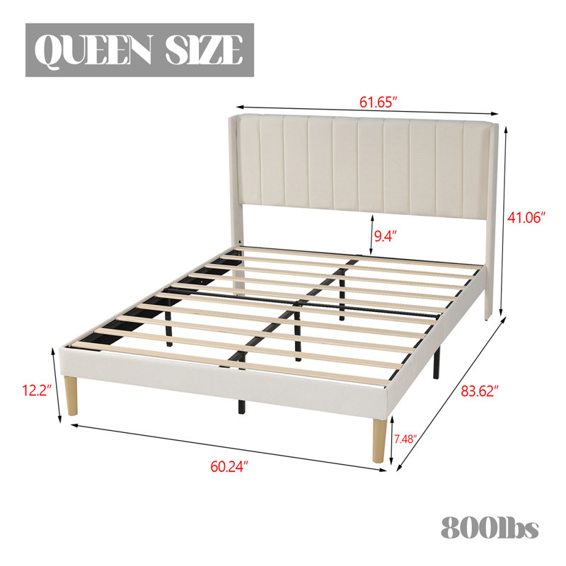 Upholstered Platform Bed With Headboard, Beige, Queen