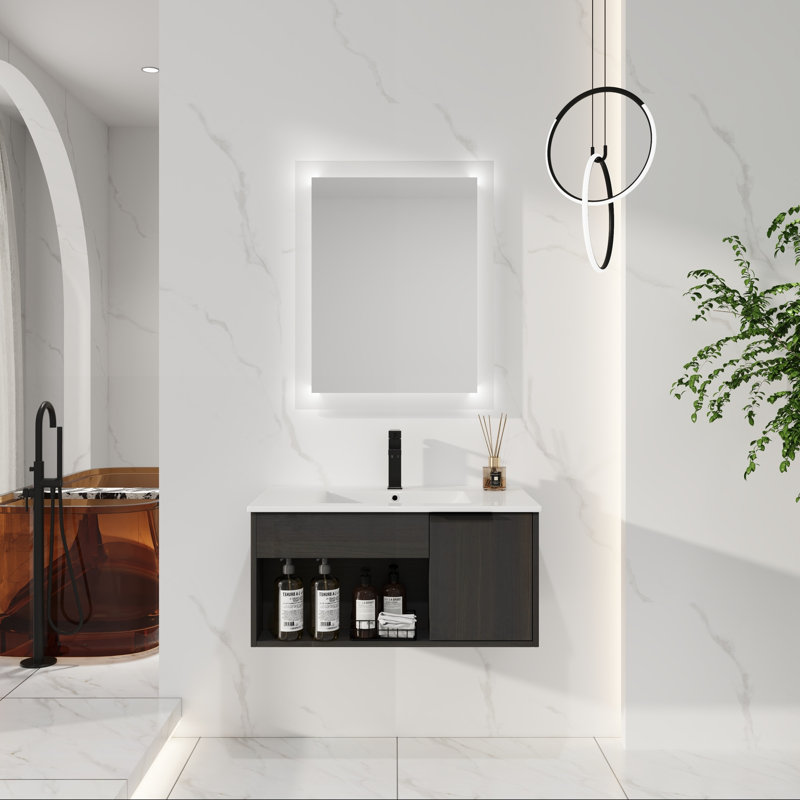 Meuble-lavabo mural Dakota avec lavabo en céramique et tablette ouverte, 30"