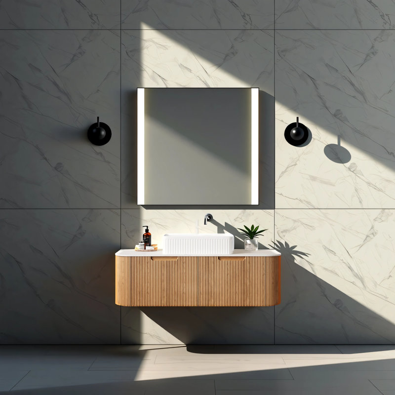 Ensemble de meuble-lavabo mural 48 po à bords arrondis avec lavabo et 2 tiroirs, lavabo rectangulaire en céramique blanc sans robinet, grain de bois naturel