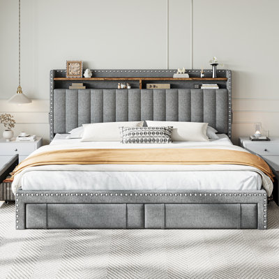 Upholstered Bed Frame with 3 Storage Drawers, 2-Tier Rivet Decor Headboard, Wooden Slats Support, 1000 LBS Weight Capacity, No Box Spring Required, Easy Assembly