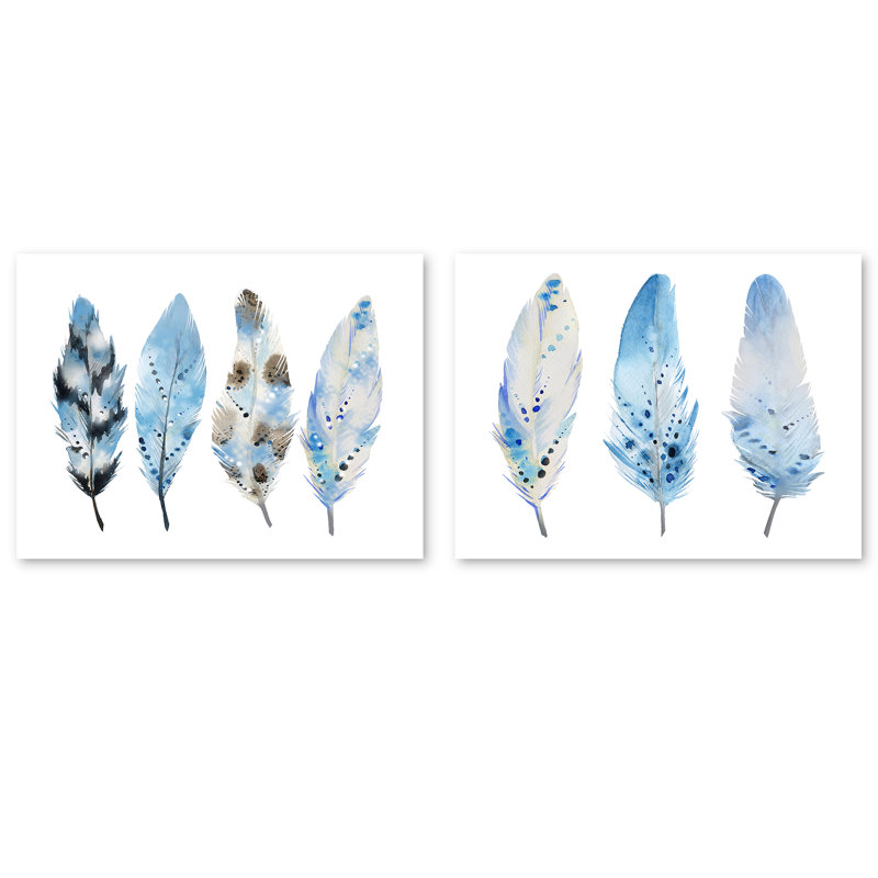 Blue Boho Feathers - Blue Boho Feathers - Ensemble de 2 peintures sur toile tendue, H 30 po x l 80 po x P 1,5 po