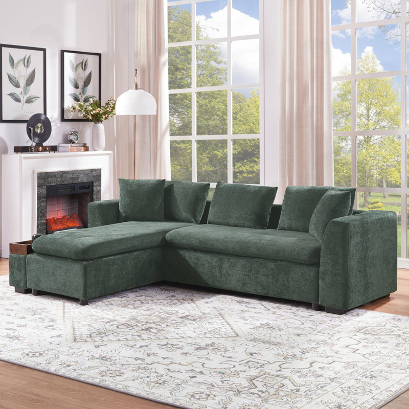 L-shaped Sectional Sofa with Storage Compartment, Green Chenille