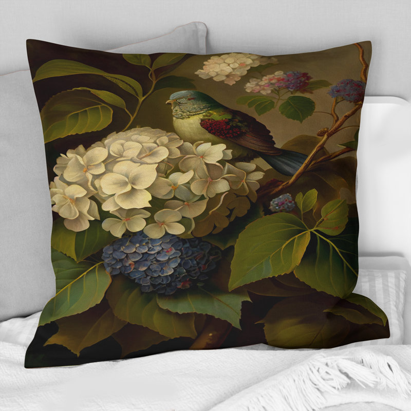 Coussin décoratif à imprimé floral Blossoming Hydrangea In Retro Colors IV
