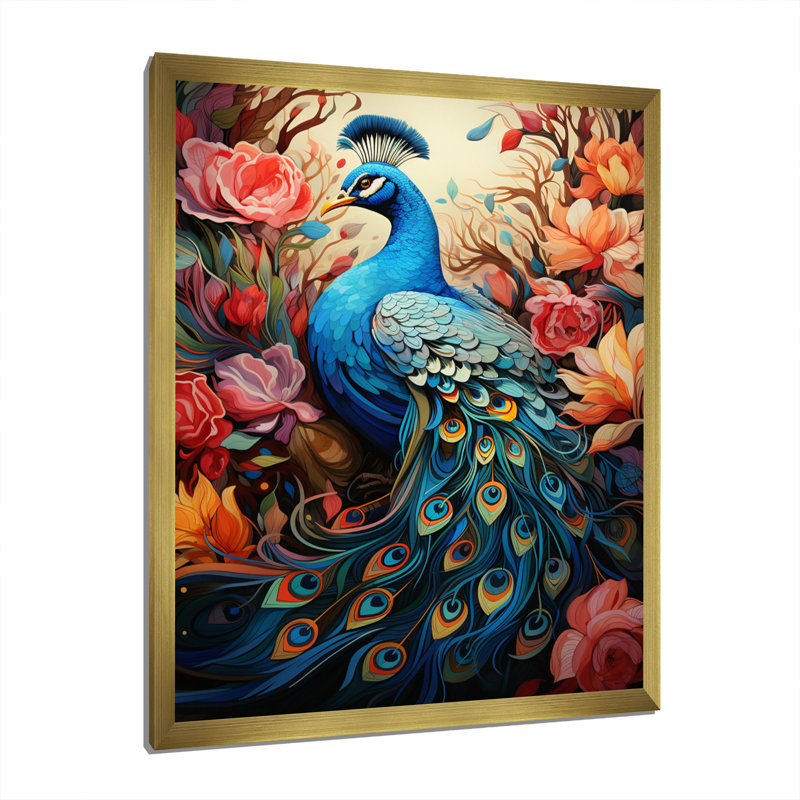 Peacock Gouache I - animaux, art mural sur toile, H 40 po x l 30 po x P 1,5 po, Encadrement doré