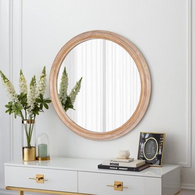 Miroir mural rond à cadre en bois avec détail nervuré