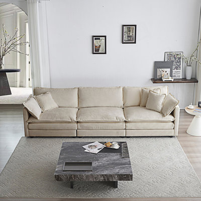 Mid-Century Modern Couch, 3-Seater Sofa With 2 Armrest Pillows And 3 Toss Pillows