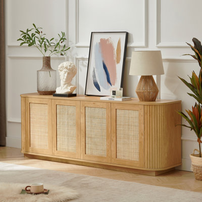 64-Inch Wave Shaped TV Stand, Rounded Corner Sideboard, Storage Cabinet, Buffet, Wood Vertical Striped Cabinet With Rattan Doors For Kitchen/Bedroom/E by Dakota Fields