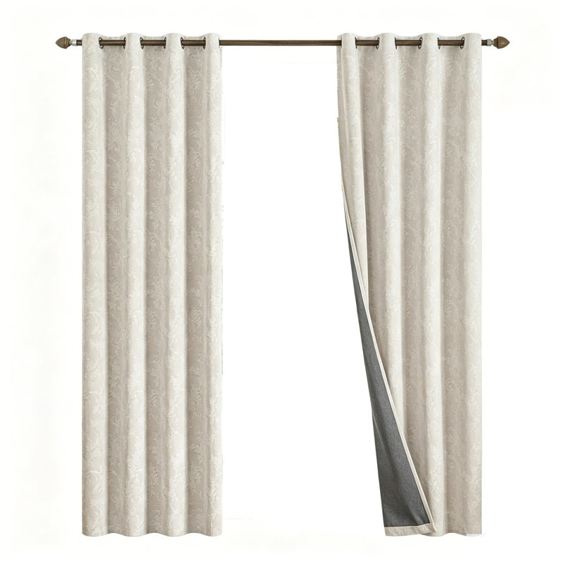 Beige 90 inch Scroll Flower Floral Blackout Curtains 2 Panels