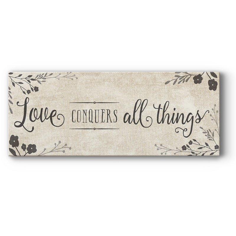 «Love Conquers On Canvas», art textuel, H 12 po x l 30 po x P 1,5 po