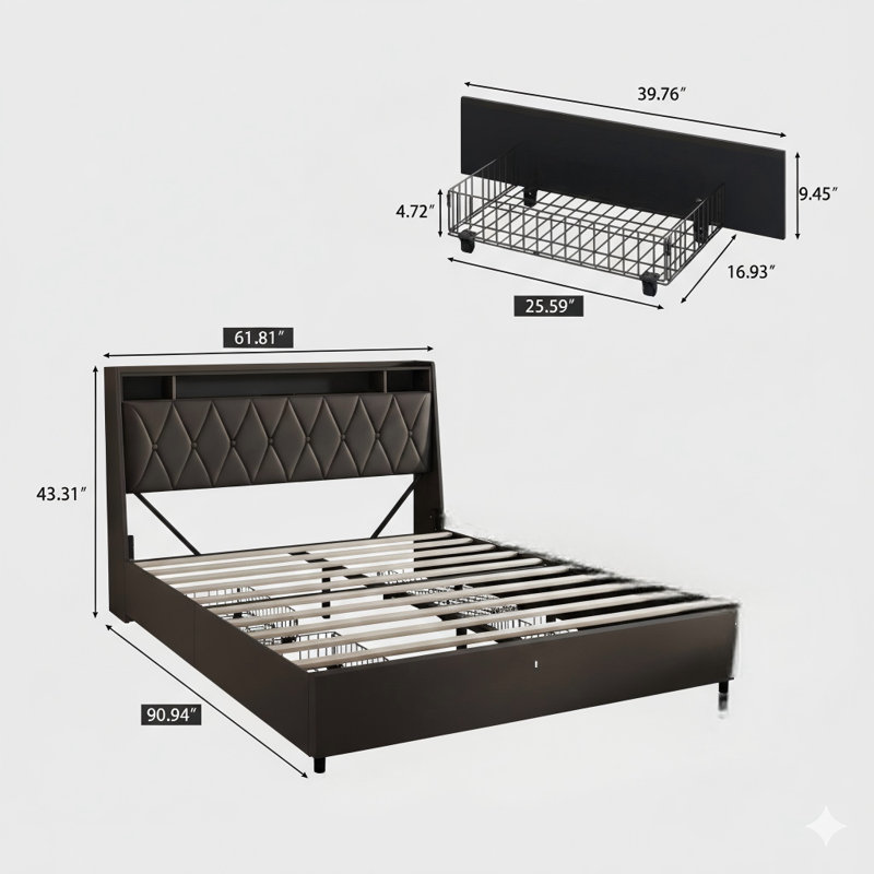Structure de grand lit avec tête de lit ergonomique. Ce grand lit plateforme comprend des prises de courant intégrées, un chargeur et une lumière DEL. Il s'agit d'un cadre de lit en métal avec une tablette de rangement, fonctionne sans bruit et ne nécessite pas de sommier.