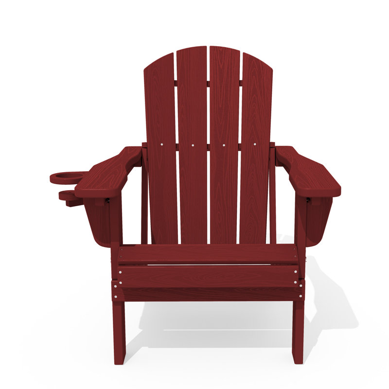 HDPE Outdoor Foldable Adjustable Back Adirondack Chair with Cup Holder, Dark Red