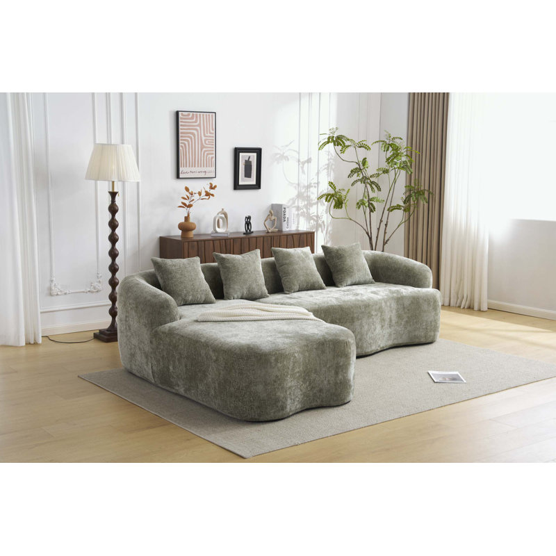 L-Shape Sectional Sofa with Curved Chaise, Green Polyester Blend