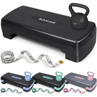 Black Step Aerobics Platform Set with Kettlebell & Measuring Tape, Aerobic Steppers for Exercise at Home, Adjustable Height 2 Level Risers Workout Step Trainer with Non-Slip Surface